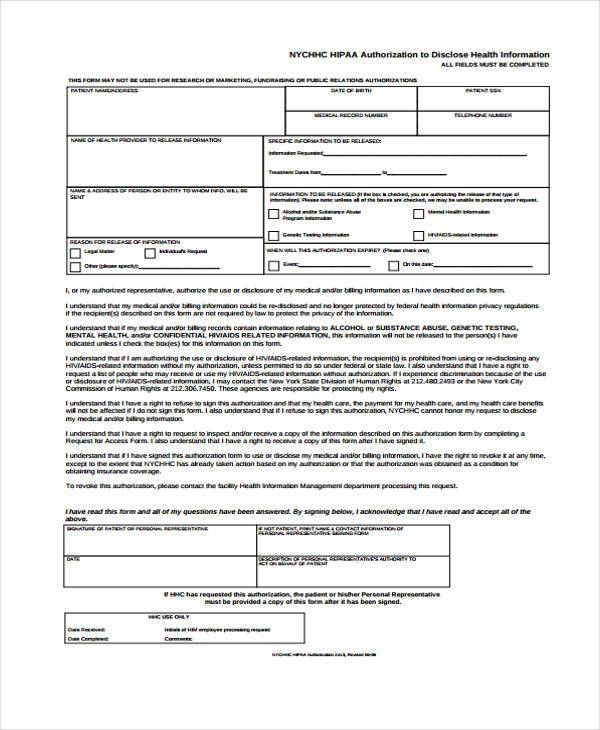 Free 8 Hipaa Release Forms In Pdf Ms Word