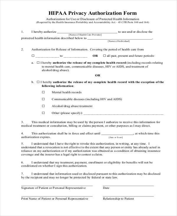 hipaa privacy release form