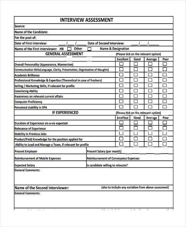 FREE 8+ Interview Assessment Forms in PDF | MS Word