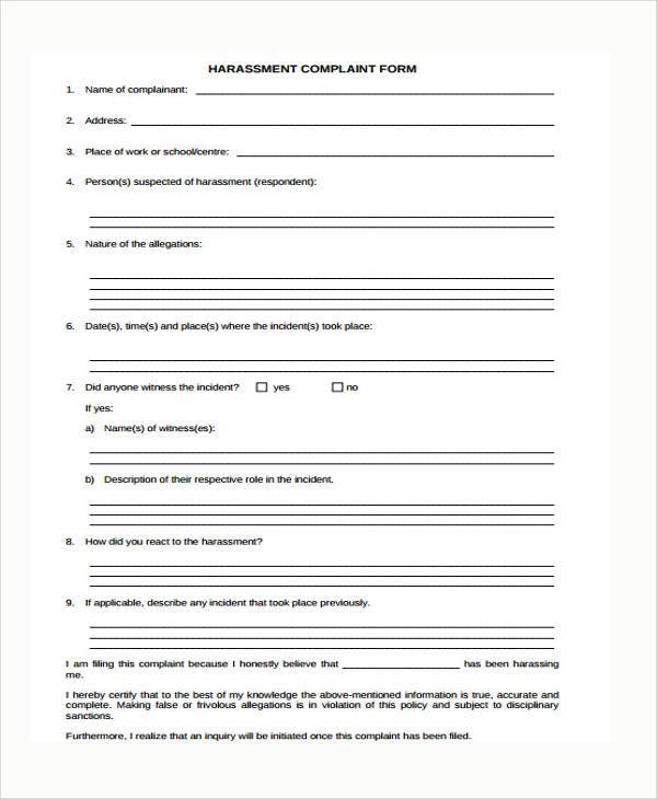 Free Sample Harassment Complaint Forms In Ms Word Pdf Free Nude