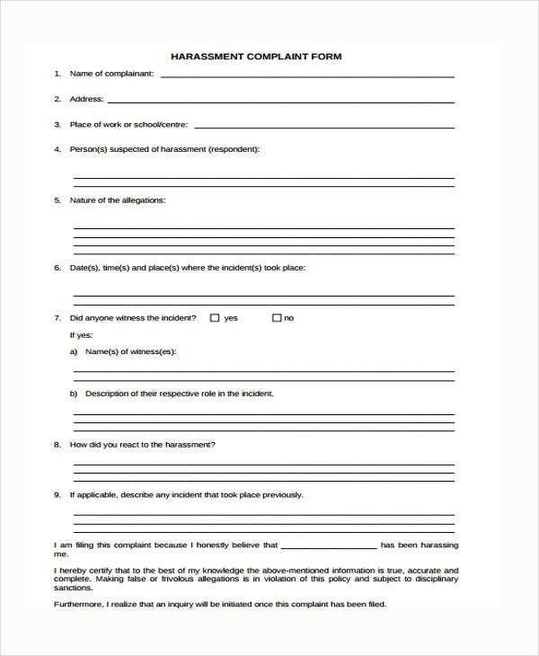 Free 7 Sample Harassment Complaint Forms In Ms Word Pdf