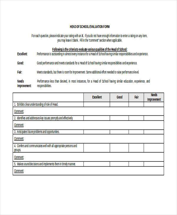 head of school evaluation form