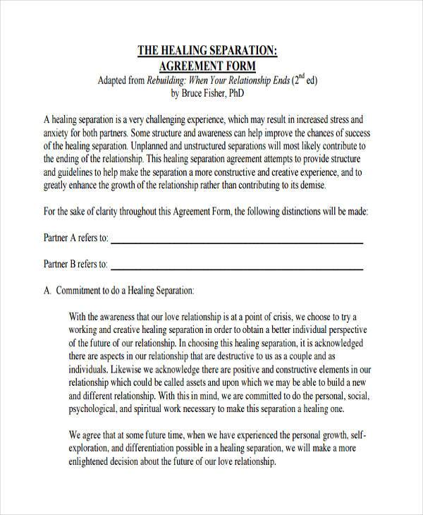 healing separation agreement form example