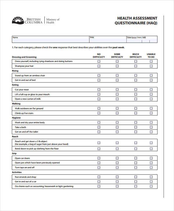 Health Assessment Questionnaire Template