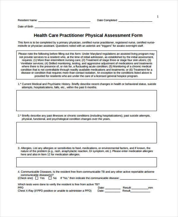 health care physical assessment form