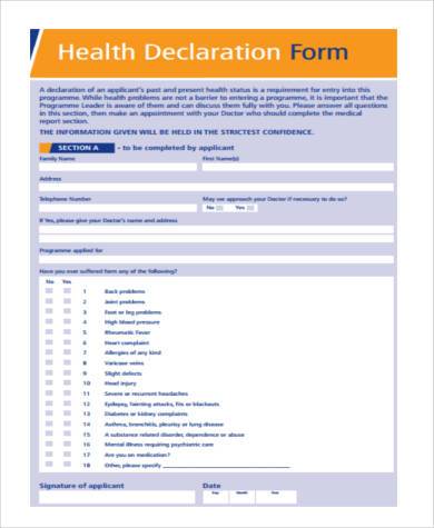 Free 9 Sample Health Declaration Forms In Ms Word Pdf Excel