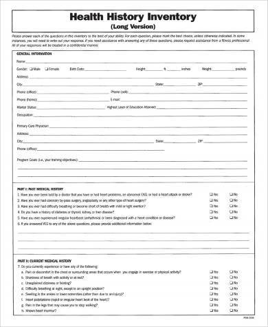 health history inventory form example