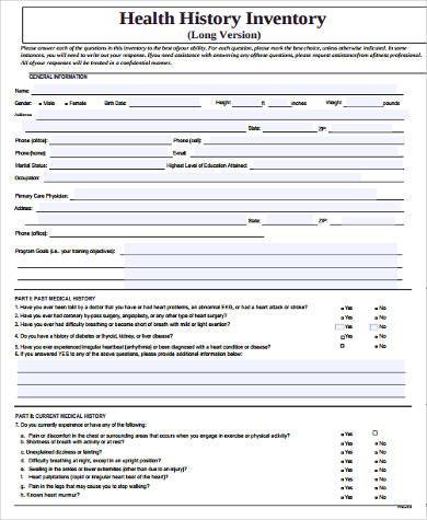 health history inventory form