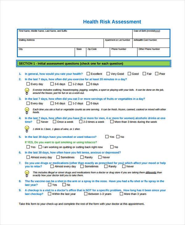health risk assessment form pdf