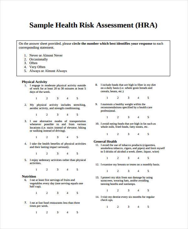 health risk assessment form sample