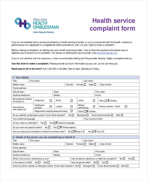 FREE 6+ Sample Service Complaint Forms in PDF MS Word