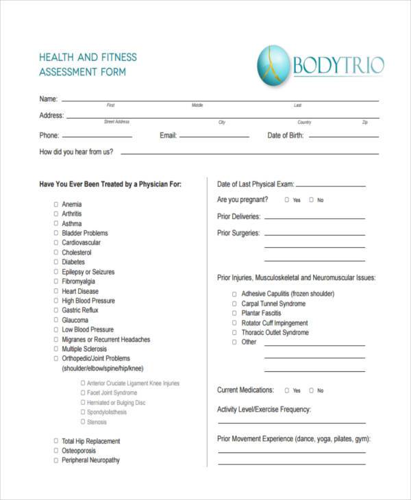 health and fitness assessment form