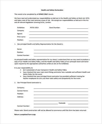 Free 9 Sample Health Declaration Forms In Ms Word Pdf Excel