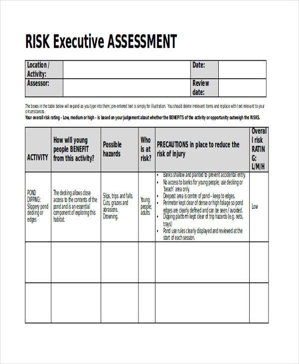 health and safety executive risk assessment form