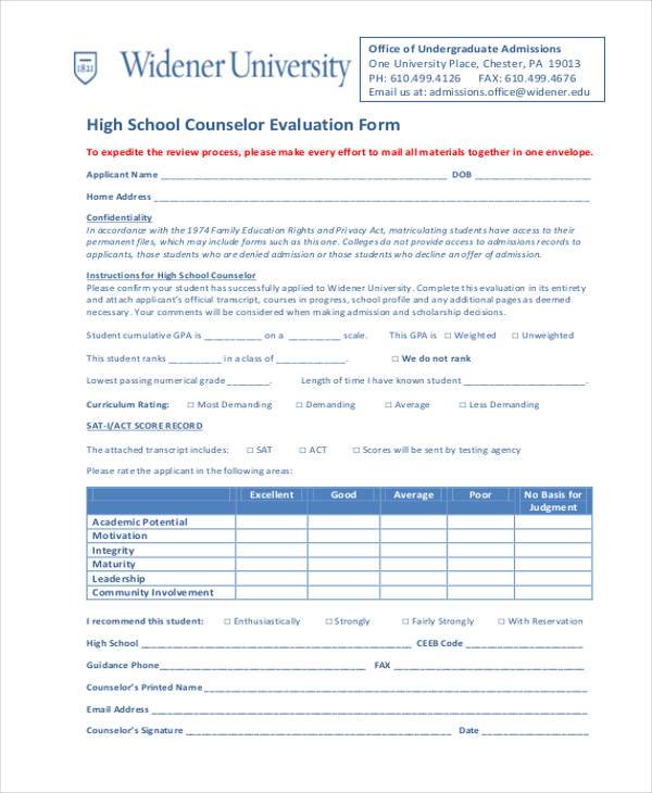 high school counselor evaluation form