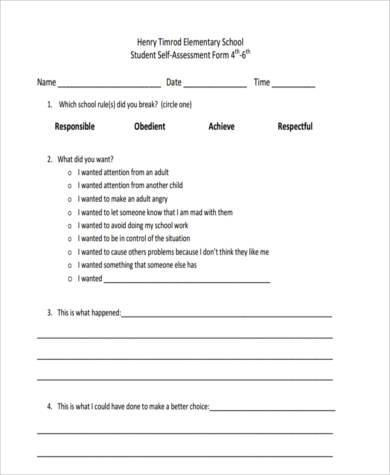 high school student self assessment form