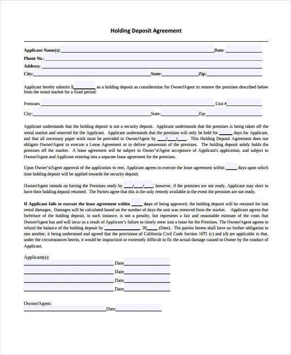 FREE 9  Holding Deposit Agreement Forms in PDF MS Word