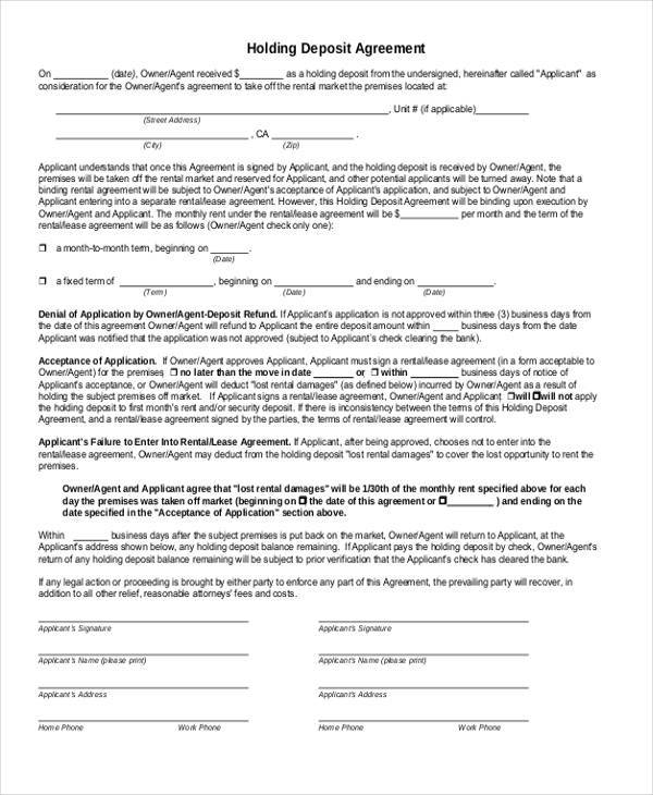 FREE 8  Sample Holding Deposit Agreement Forms in PDF MS Word