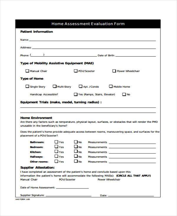 home assessment evaluation form