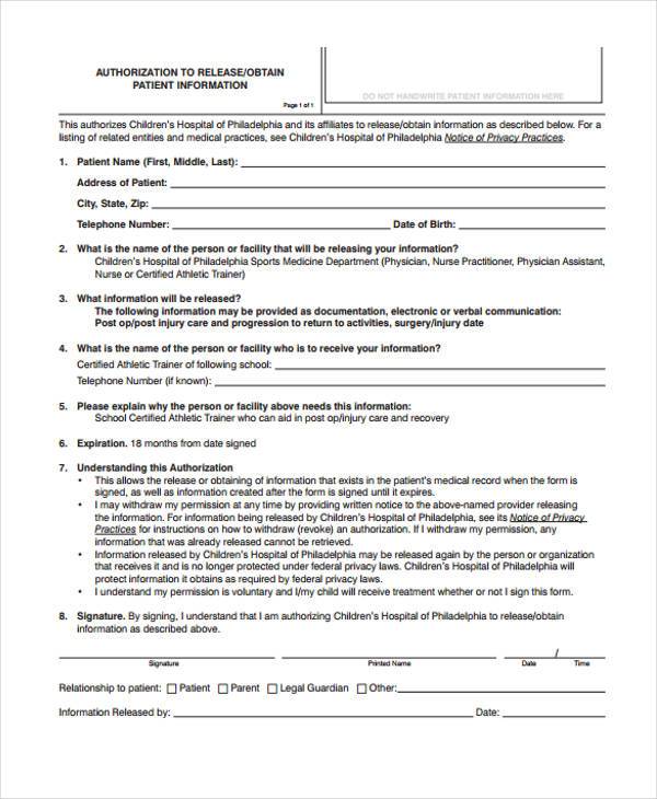 hospital release form example