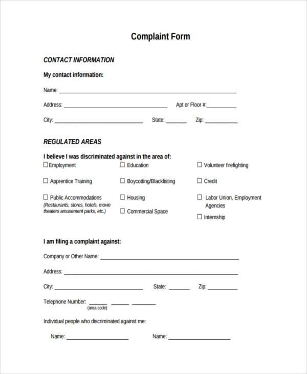 hotel complaint form example