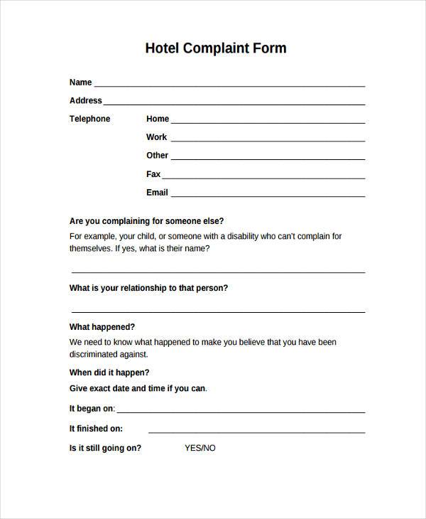 hotel complaint form in pdf