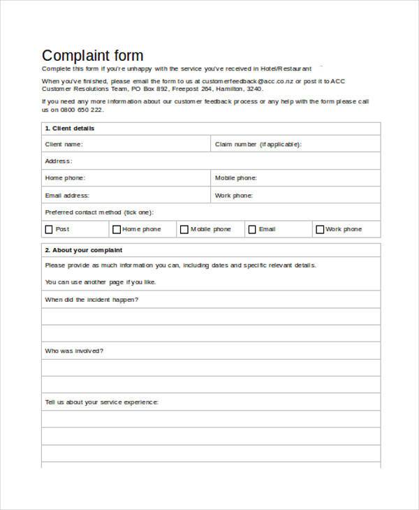 hotel complaint form in word