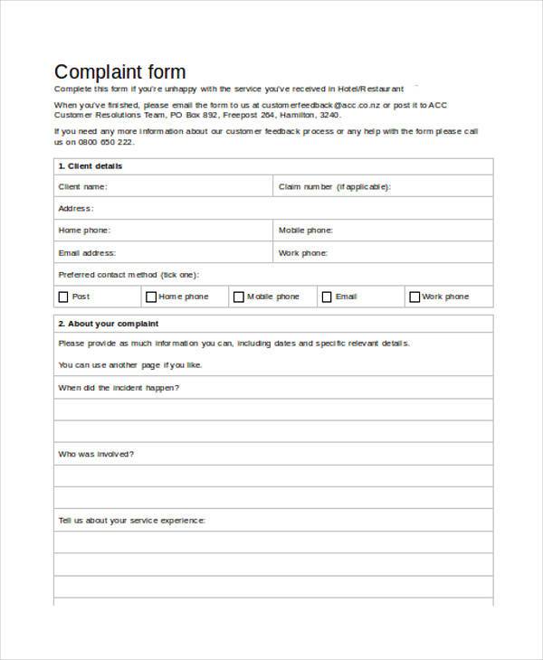 FREE 7+ Sample Hotel Complaint Forms in PDF MS Word