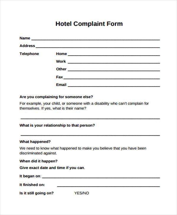 FREE 7 Hotel Plaint Form Samples In Sample Example