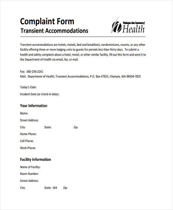 FREE 7+ Sample Hotel Complaint Forms in PDF MS Word