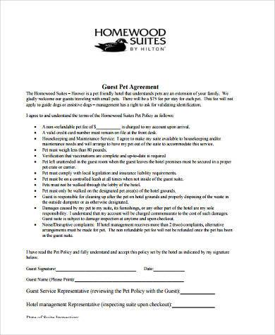 pet agreement form hotel hilton sample forms