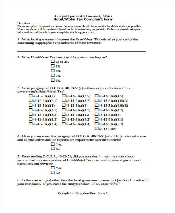 hotel tax complaint form example
