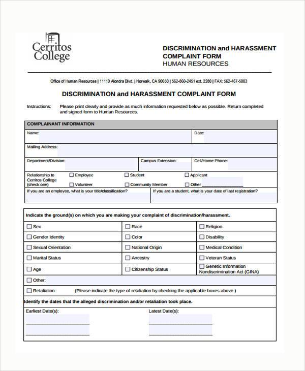 human resources harassment complaint form