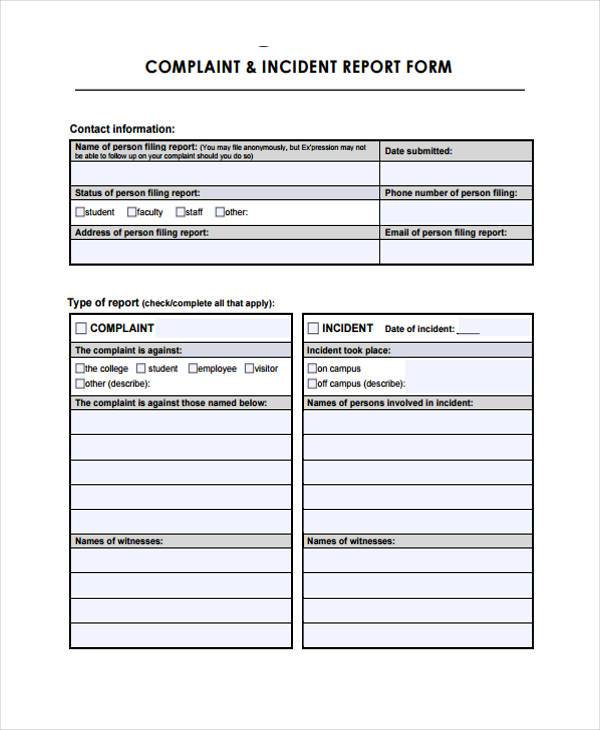 incident complaint reporting form