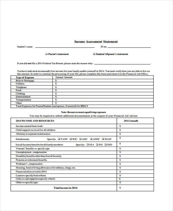 income assessment statement form