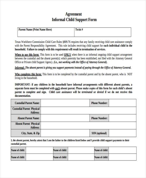 informal child support agency agreement form
