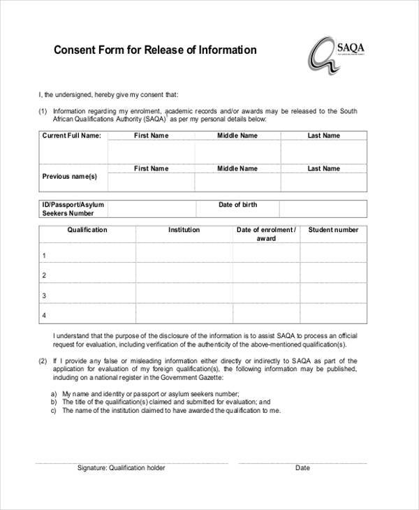 information consent release form sample