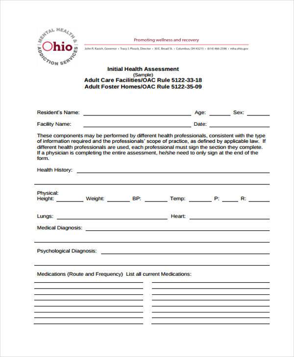 initial health assessment form