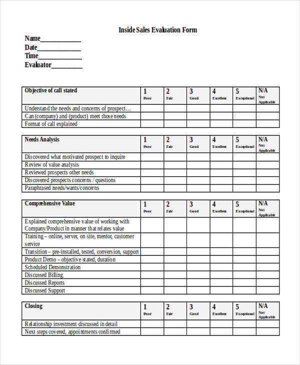 inside sales evaluation form