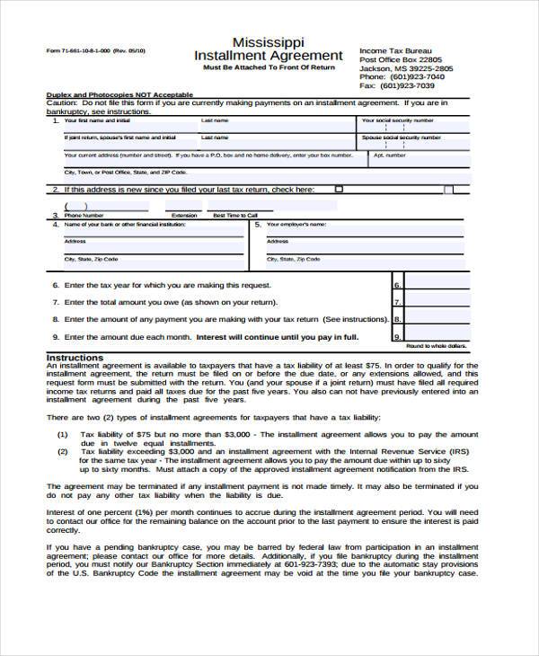 installment agreement form example