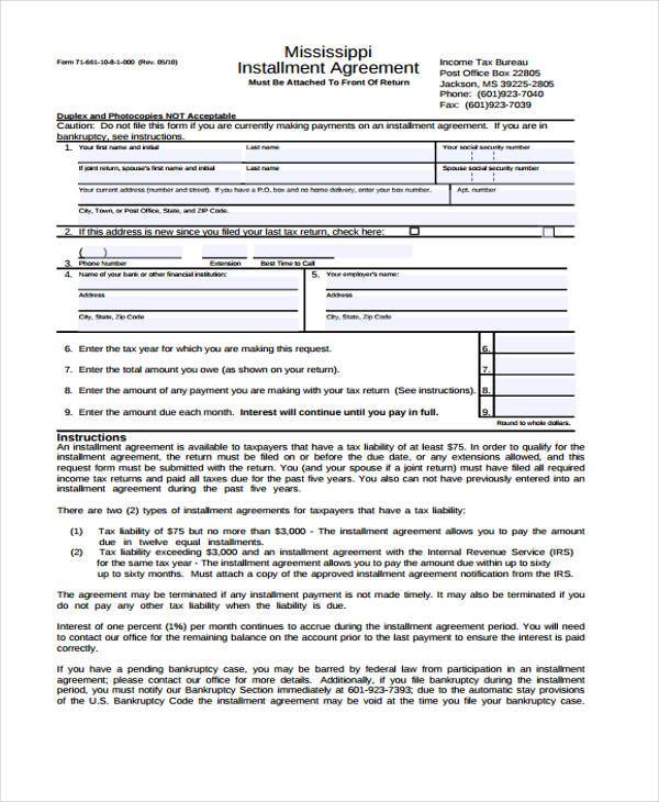 Free 8 Installment Agreement Form Samples In Pdf Ms Word 6817