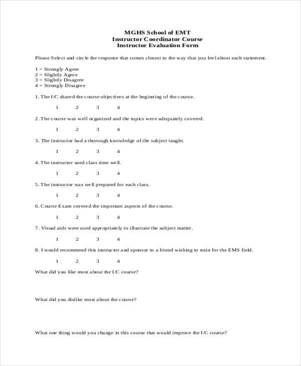 instructor evaluation form format
