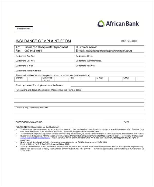 insurance complaint form in pdf