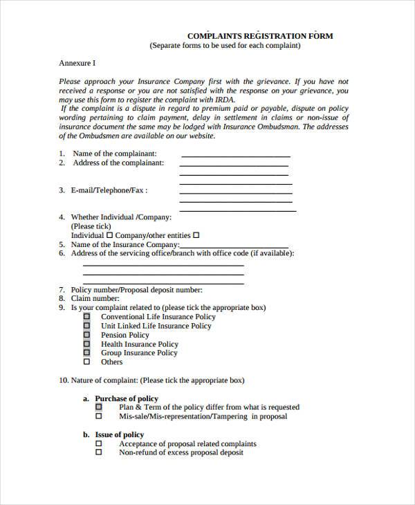 insurance complaint register form example