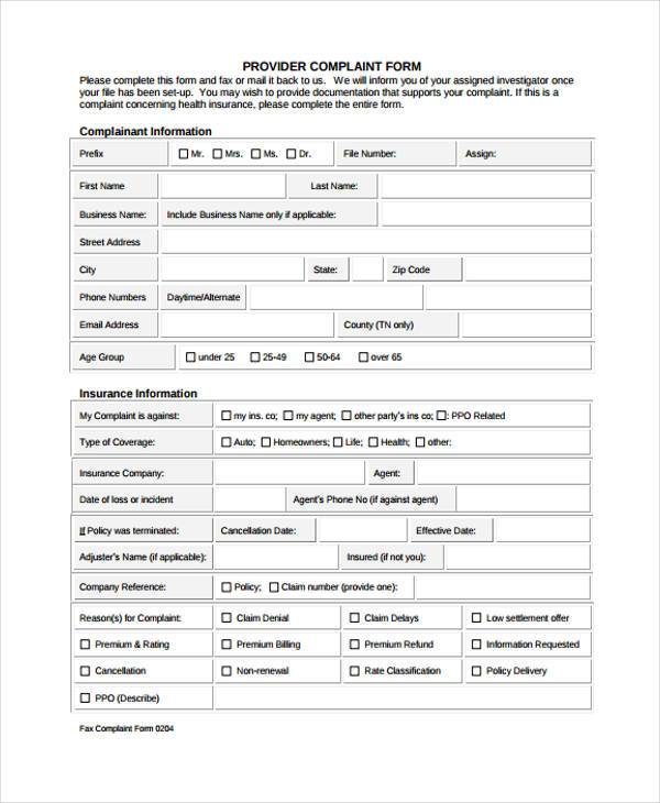 insurance provider complaint form example