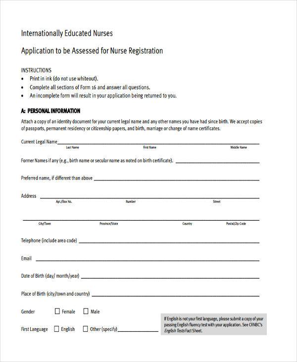 international nursing registration form