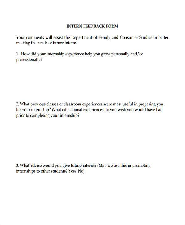 internship feedback form sample