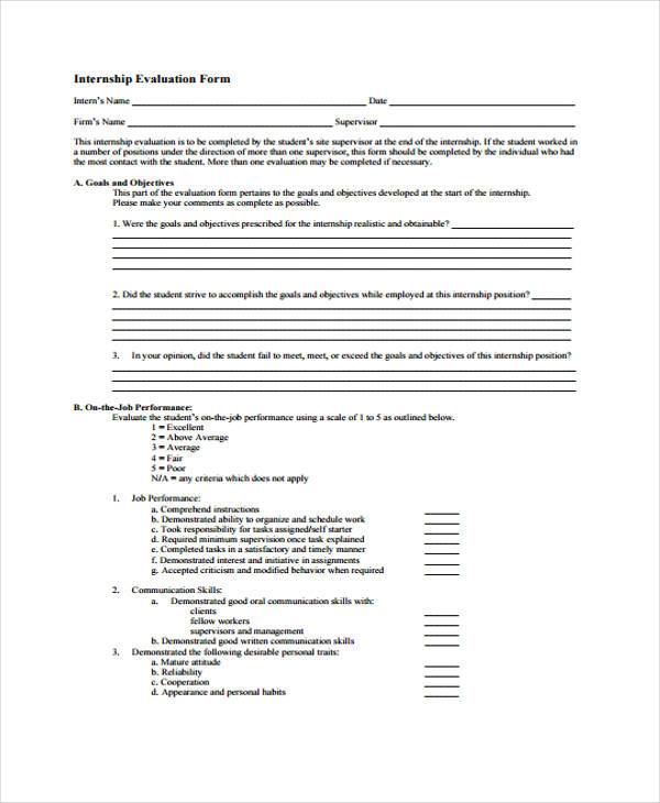 internship student evaluation form sample