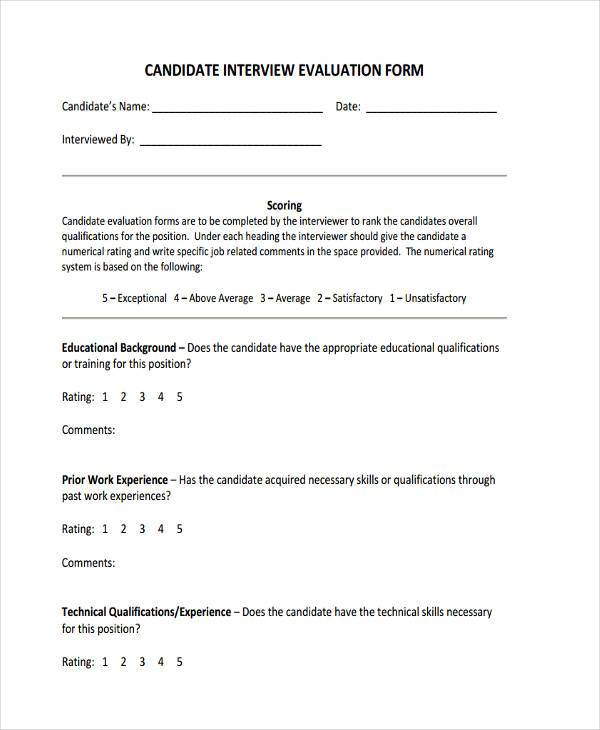 FREE 8+ Sample Candidate Evaluation Forms in PDF | MS Word