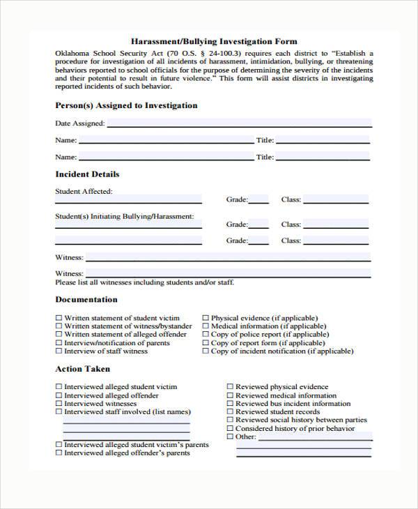 investigation harassment complaint form